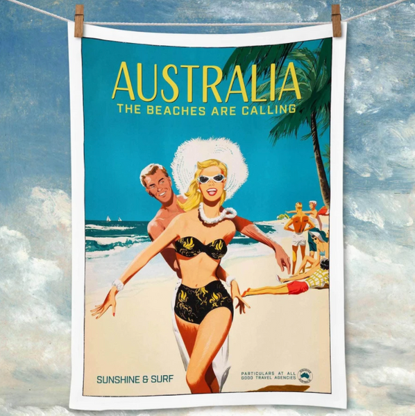 Tea Towel Retro Print Merchants - Australia The Beaches Are Calling