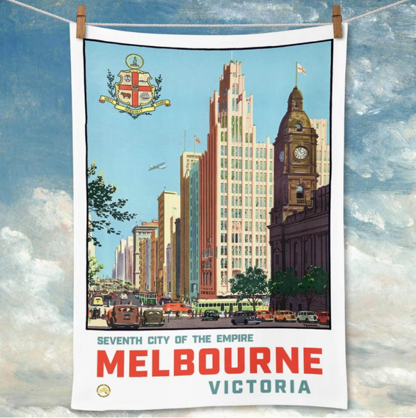 Tea Towel Retro Print Merchants - Melbourne 1940 CBD