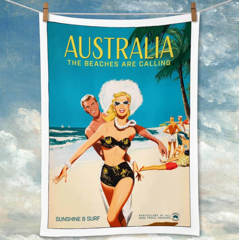 Tea Towel Retro Print Merchants - Australia The Beaches Are Calling