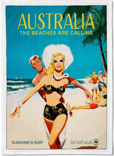 Tea Towel Retro Print Merchants - Australia The Beaches Are Calling