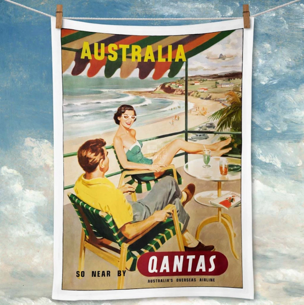 Tea Towel Retro Print Merchants - QANTAS Beach 1950s